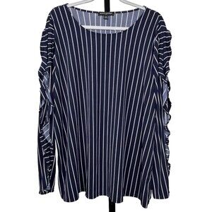Banana Republic XXL Ruffle Split Sleeve Blouse Navy Pinstripe Stretch Top Career